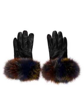 La Fiorentina Leather Gloves Fox Fur Cuffs Black Multicolor Size 8 NWOT